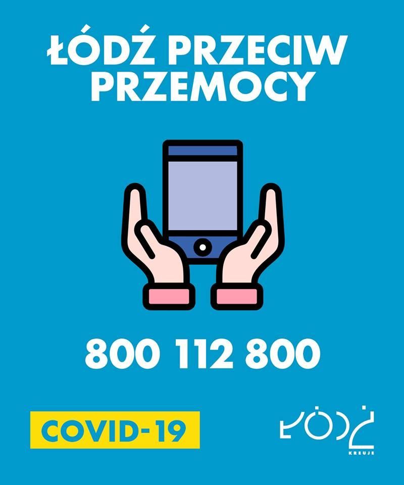 Plakat akcji Łódź przeciw przemocy z interwencyjnym numerem telefonu 800112800