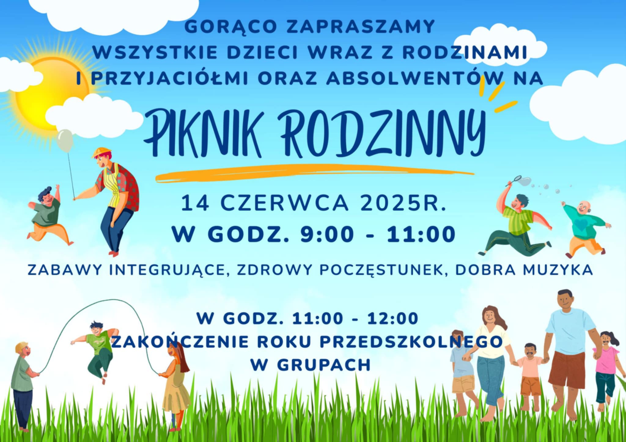 Grafika - plakat przedstawia rodziny z dziećmi bawiące się na trawie oraz napis: gorąco zapraszamy wszystkie dzieci wraz z rodzinami i przyjaciółmi oraz absolwentów na piknik rodzinny 14. czerwca 2025 r. w godzinach 9.00-11.00. Zabawy integrujące, zdrowy poczęstunek, dobra muzyka. W godzinach 11.00-12.00 zakończenie roku przedszkolnego w grupach.