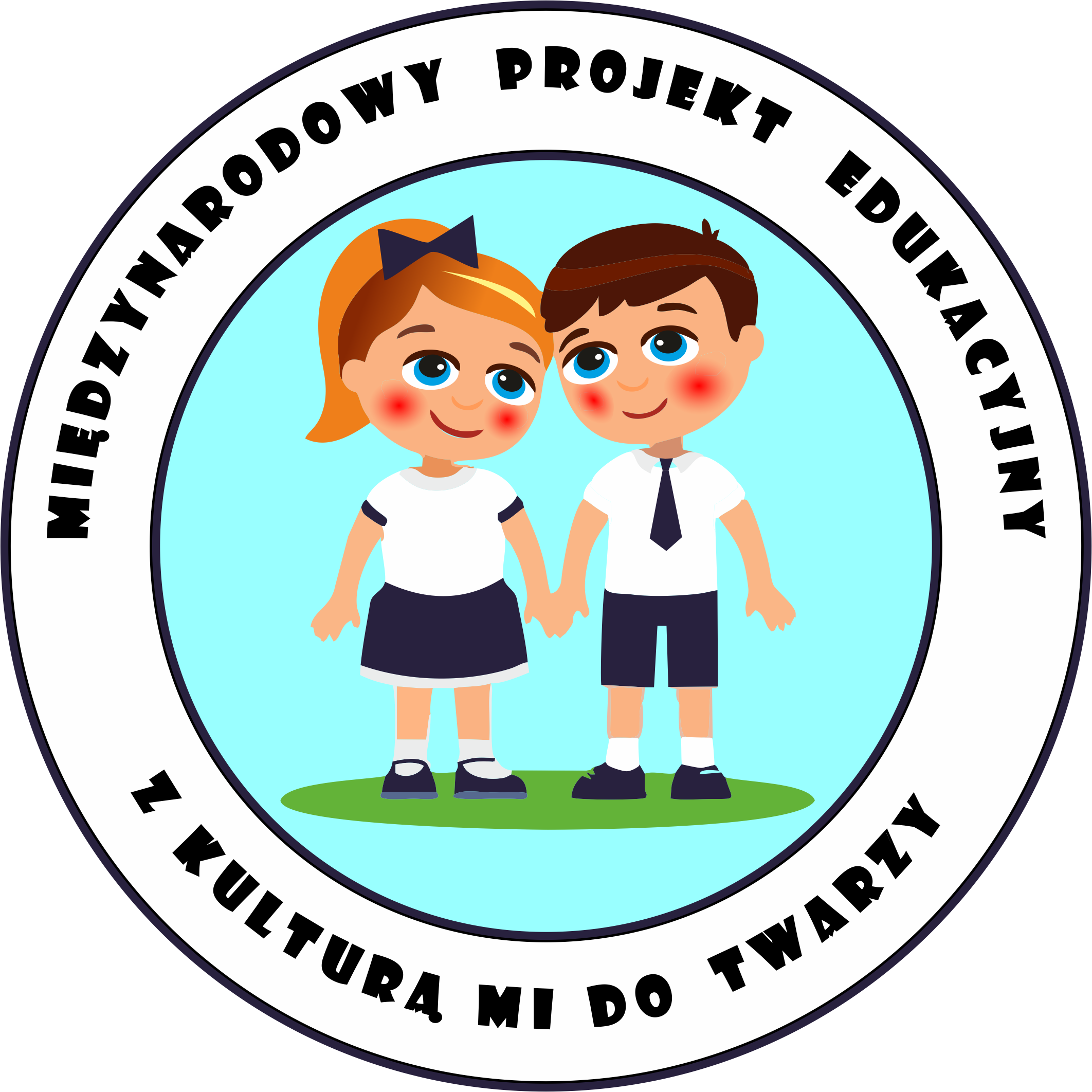 Okrągłe logo z napisem Międzynarodowy Projekt Edukacyjny Z kulturą mi do twarzy. W środku rysunek dziewczynki i chłopca trzymających się za ręce.