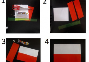 Instrukcja wykonania flagi z papieru. Składa się z 4 obrazków.