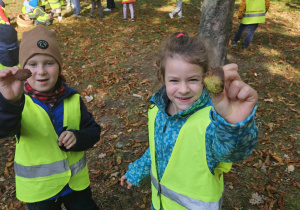 Dzieci pokazują znalezione skorupki kasztanów.