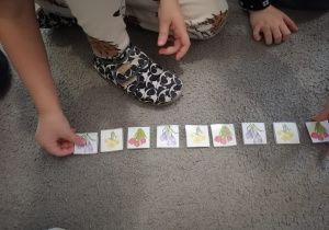 Dziecko układa rytm z obrazków przedstawiających kwiaty: tulipan, żonkil, krokus, tulipan, żonkil, krokus.