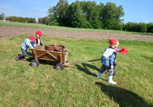 Dzieci idą po trawie. Dwoje z nich ciągnie wózek, a dwoje go pcha.