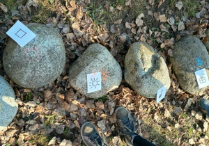 Cztery kamienie ułożone w jednej poziomej linii. Na kamieniach widać rysunki narysowane kredą - kwadrat, słońce, nuta, prezent. Obok każdego rysunku przyklejone są kartki z symbolami identycznymi jak rysunki.