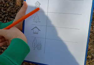 Dziecko trzyma podkładkę z kartą pracy, na której widnieją symbole: ławki, domku dla owadów, drzewa iglastego, karmnika i tui. Przy symbolu ławki narysowane jest siedem pionowych kresek i liczba 7.