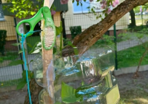 Nożyce z doczepionym sznurkiem i odcięta plastikowa butelka na tyczce.