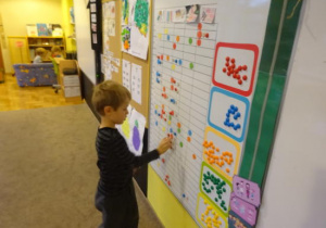 Chłopiec zaznacza wykonane zadanie na tablicy zadań tygodniowych.